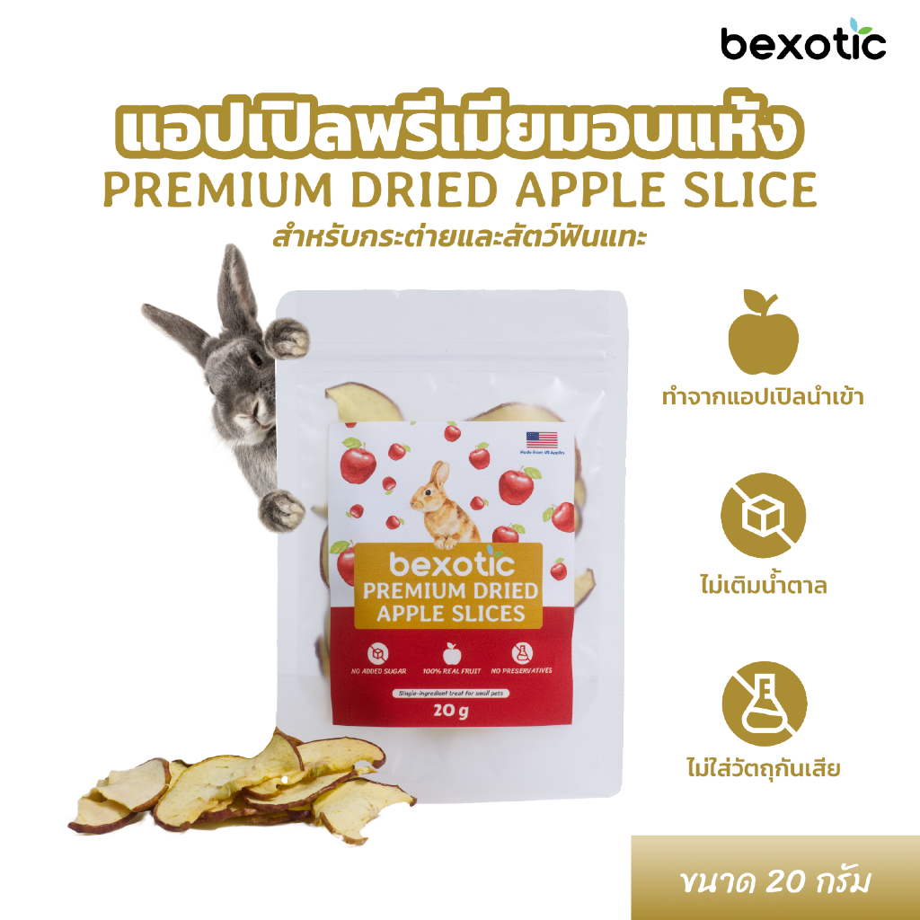 แอปเปิลพรีเมียมอบแห้งสำหรับกระต่าย แกสบี้ ชินชิลล่า และสัตว์ฟันแทะ bexotic premium dried apple slices 20g