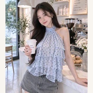 🔥aimorn_shop🔥เสื้อคล้องคอ ทรงบอลลูน ลายจุด สม็อคหลัง งานผ้าพริ้ว ผ้าใส่สบาย ฮิตสุดๆ