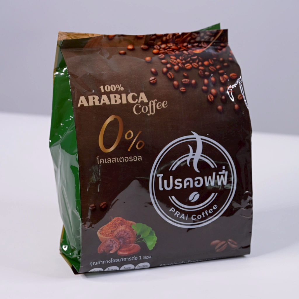 PRAI Coffee กาแฟปรุงสำเร็จชนิดผงผสมผงดอกคำฝอย สารสกัดใบแปะก๊วย สารสกัดเห็ดหลินจือ ผงเถาวัลย์เปรียง ตราไปร คอฟฟี่