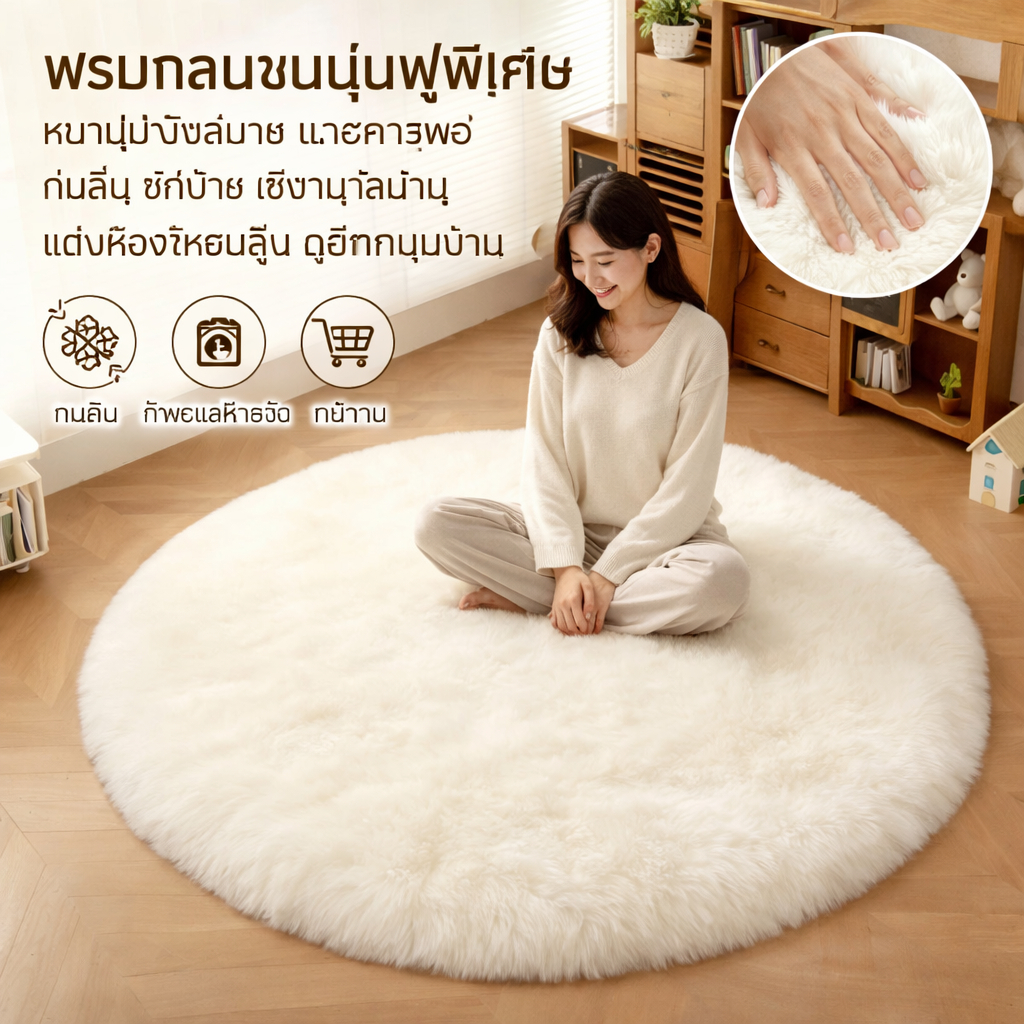 พรมกลม พรมปูพื้นห้องนอน ขนนุ่มฟู พรมแต่งห้องสไตล์มินิมอล นอร์ดิก กันลื่น ซักได้ ขนาด60/80/100/120CM พร้อมส่ง