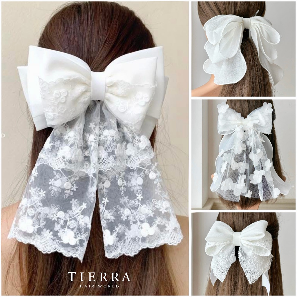 รวมเซ็ทสีขาว เน็ต โบว์ กิ๊บกล้วย หนีบเล็ก แบรนด์เทียร์ร่า