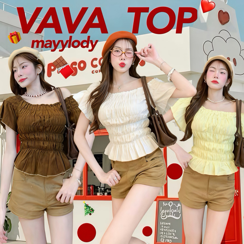 💓mayylody💓 VAVA TOP ครอปท็อป / ปาดไหล่ สม็อคจั้มรอบตัว สไตล์เกาหลี สุดฮิต 🌷🪞🌤️🍃 เสื้อครอป ครอป เสื้อเปิดไหล่