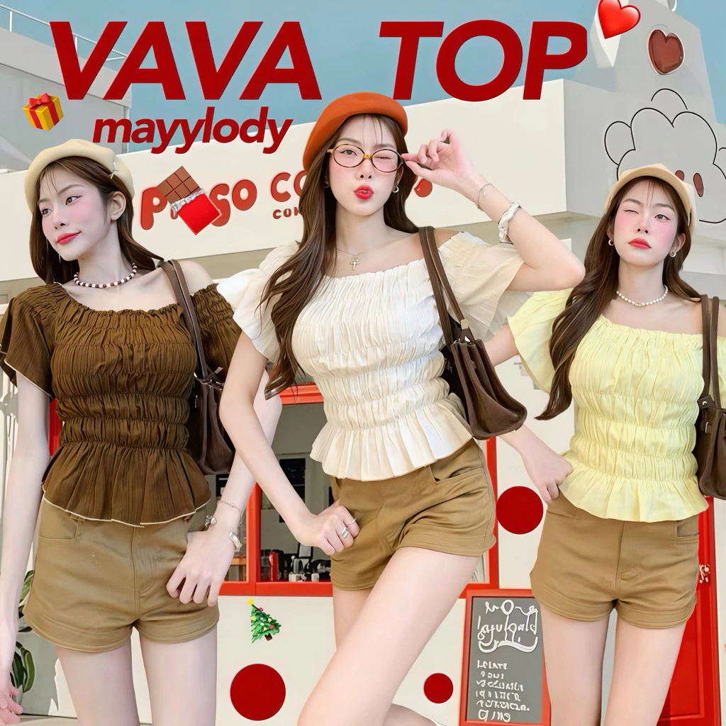 💓mayylody💓 VAVA TOP ครอปท็อป / ปาดไหล่ สม็อคจั้มรอบตัว สไตล์เกาหลี สุดฮิต 🌷🪞🌤️🍃 เสื้อครอป ครอป เสื้อเปิดไหล่