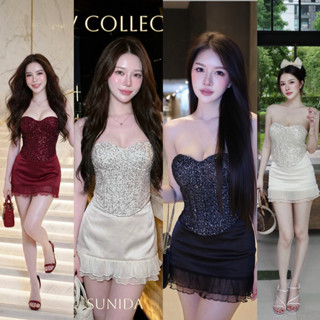 ชุดเซต2ชิ้น  ชุดดินเนอร์หรูดูแพง ชุดปาร์ตี้สีแดง Sunida