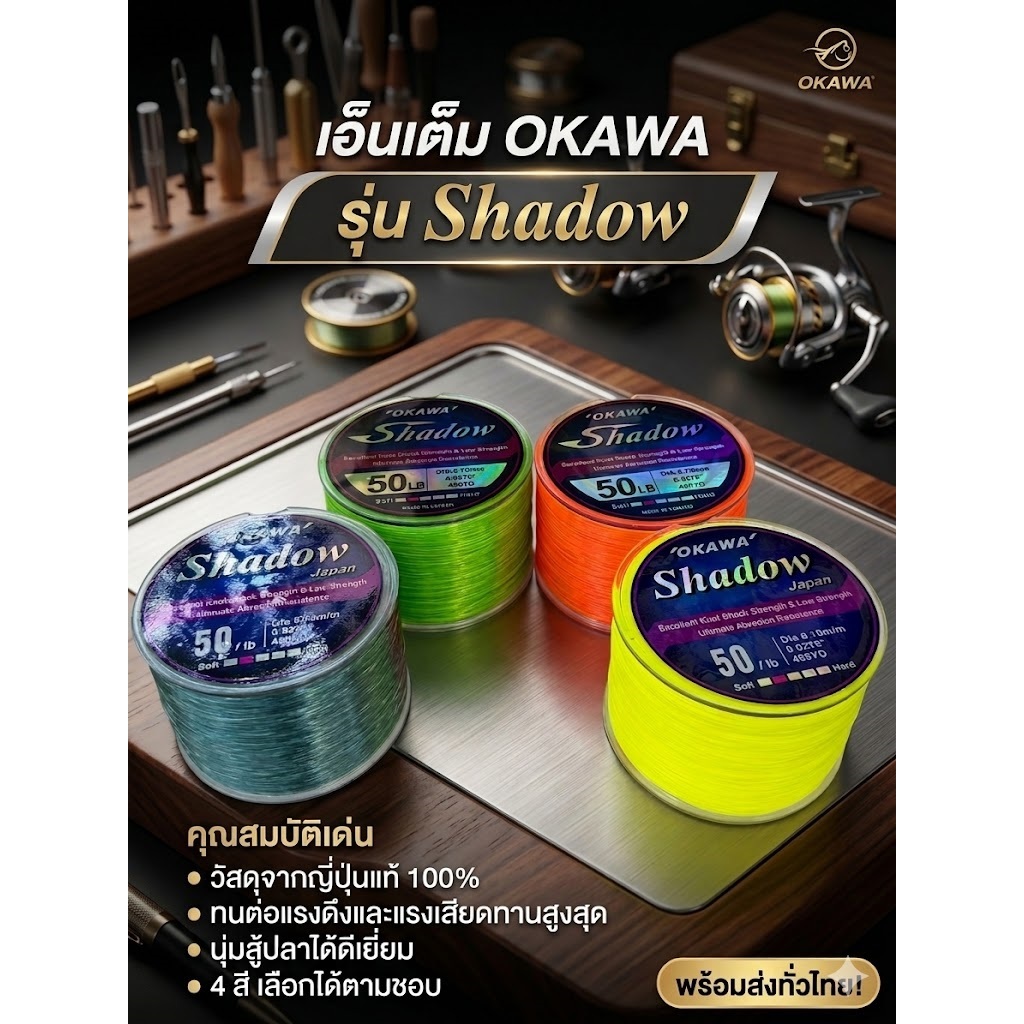 เอ็นเต็ม SHADOW 1/4  มี 4สี เอ็นตกปลาOKAWA ของแท้ 100%  เอ็นเต็มเหนียวทนทาน นุ่มลื่น จมน้ำไว