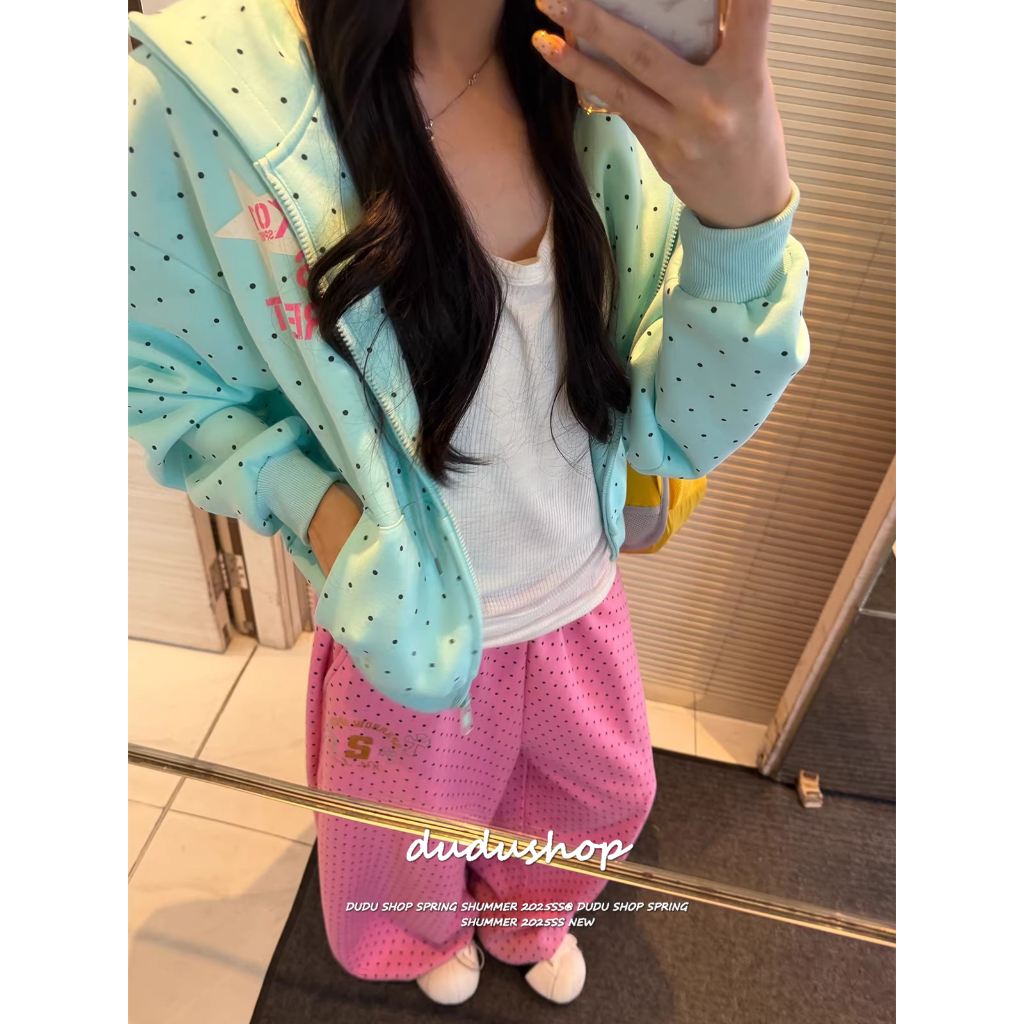 [Polka dot print casual pants]ผู้หญิงกีฬาหวานลายจุดเต็มพิมพ์สูงถนนเต้นรำกางเกงขากว้างสบาย ๆ