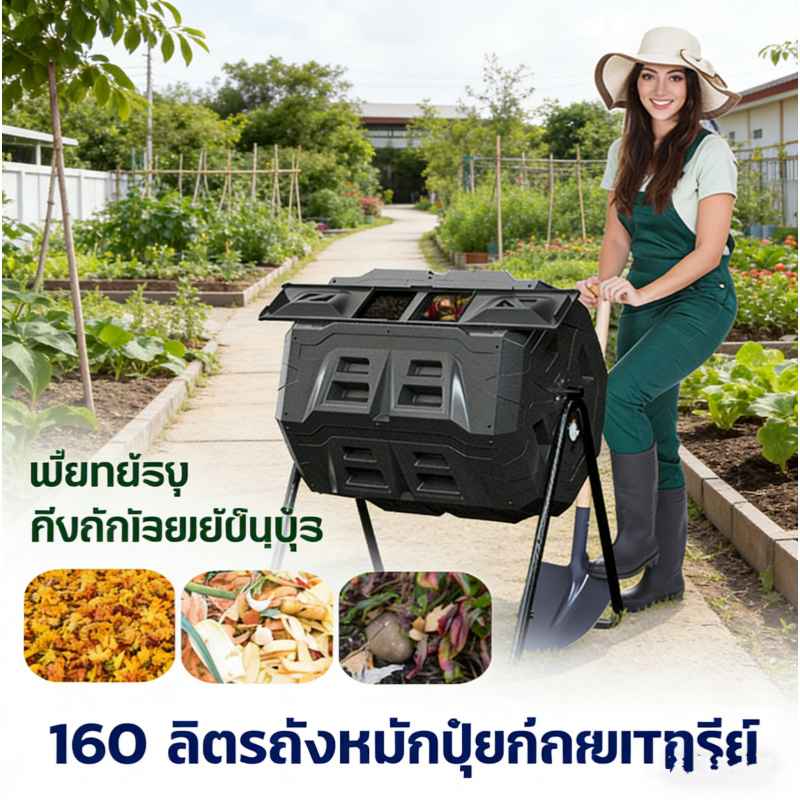 ถังหมักปุ๋ยหมักเศษอาหาร 160 ลิตร แบบหมุน เปลี่ยนขยะเป็นปุ๋ยอินทรีย์