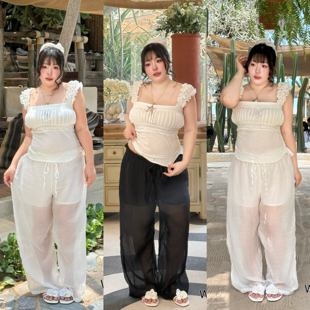 Riley Pants - กางเกงขายาว สีขาว/ดำ ทรงขากว้างผ้าพริ้ว เบาสบาย สาวอวบ ไซส์ใหญ่ เอว32-46นิ้ว