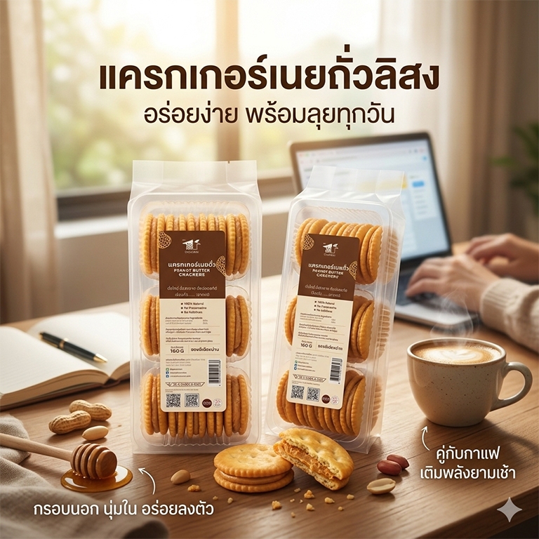 แครกเกอร์ ไส้เนยถั่วลิสง 160g (15ชิ้น) ของฝาก โอทอปน่าน บ้านถั่วลิสง