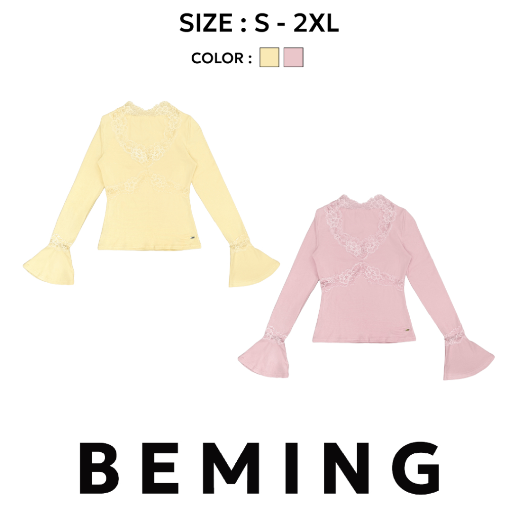 Bemingtop1143(S-2XL)-Zuri Lace Top - เสื้อแขนยาวคอวีดีไซน์ลูกไม้ช่วงอก คอ และแขน เพิ่มความหวานละมุนปนความเซ็กซี่นิดๆ