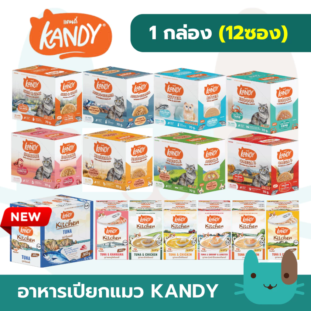 Kandy (1กล่อง12ซอง) อาหารเปียกแมวแคนดี้ ไม่ใส่เกลือ ผลิตจากปลาเนื้อขาว ขนาด 70 กรัม