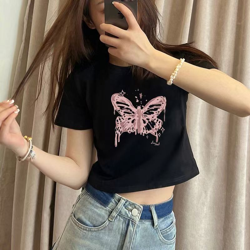 เสื้อผู้หญิงคอกลม ครอปเอวลอย ผีเสื้อ E8014