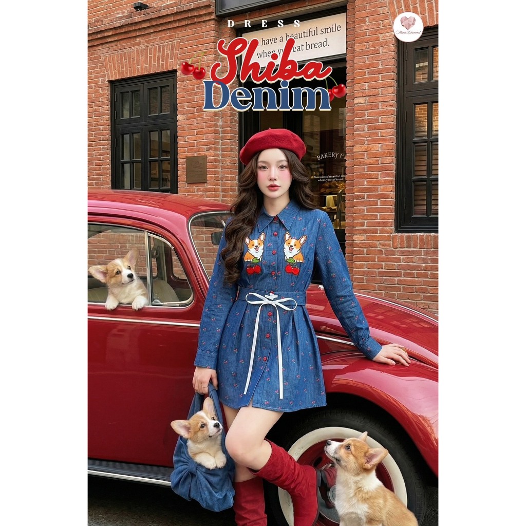 QCตัวโชว์ไม่รับคืน ยีนส์ Shiba Denim Dress เดรสสั้นยีนส์เนื้อนิ่มลายเชอรี่ ปกเชิ้ต กระดุมหน้า มีดีเทลเข็มขัด แขนยาว