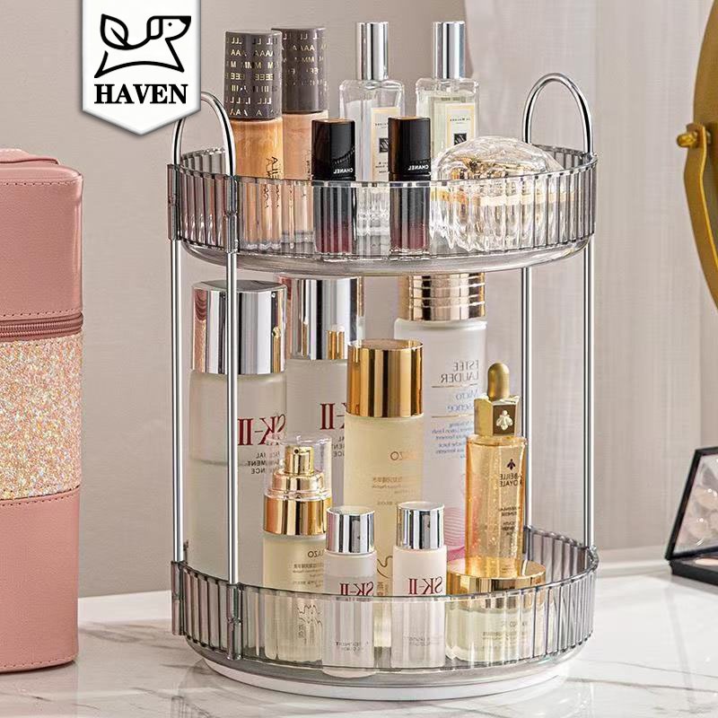 <Haven Luxe>ชั้นวางเครื่องสำอางแบบหมุนได้ 360 องศาสองชั้น ถาดเก็บอะคริลิคใส กันน้ำ ประหยัดพื้นที่ อเนกประสงค์