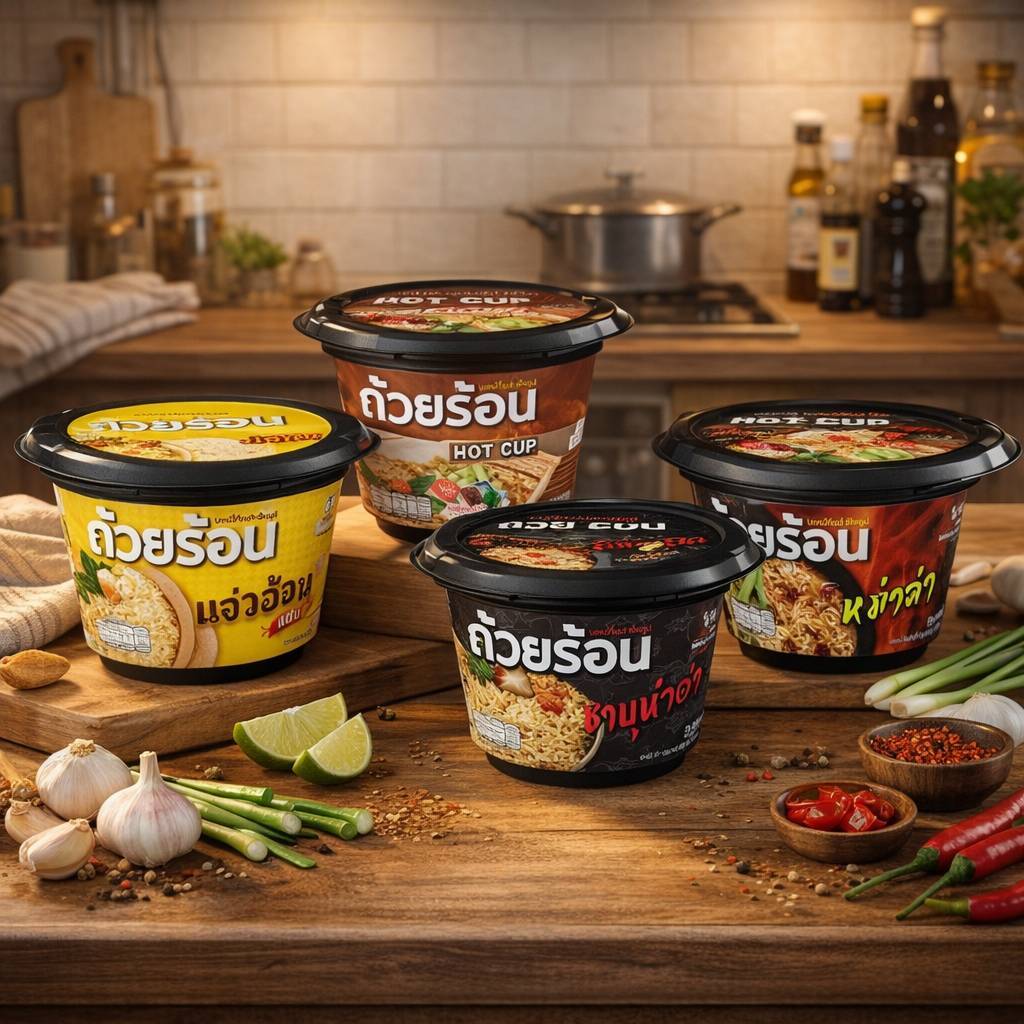 ถ้วยร้อน ของกิน อาหาร บะหมี่ รสหม่าล่า ชาบู แจ่ว ก๋วยเตี๋ยวเรือ  สะดวก อร่อย ทำได้ทุกที่ เหมาะพกพาไปแคมป์ปิ้ง
