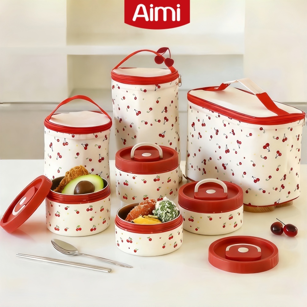 Aimi กล่องข้าว 2/3/4 ชั้น สเตนเลส 316 เชอร์รี่ ทรงกลม/ทรงสี่เหลี่ยม แถมตะเกียบ ช้อน และถุงให้ด้วย