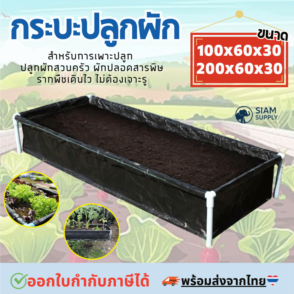 กระบะปลูกผัก พร้อมโครง PVC ขนาด 60x200x30cm กะบะเพาะปลูก​ ถุงปลูก​ต้นไม้ แปลงผัก กระบะปลูกผัก แปลงปลูกผัก