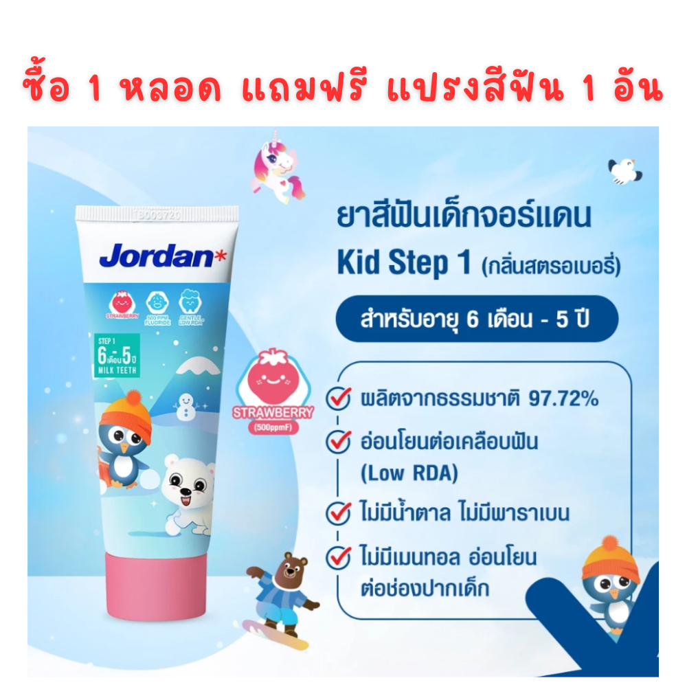 [แถม แปรงสีฟันทุกหลอด] Jordan ยาสีฟันเด็ก Step 1 สำหรับ 6 เดือน-5 ปี กลิ่นสตรอเบอร์รี่