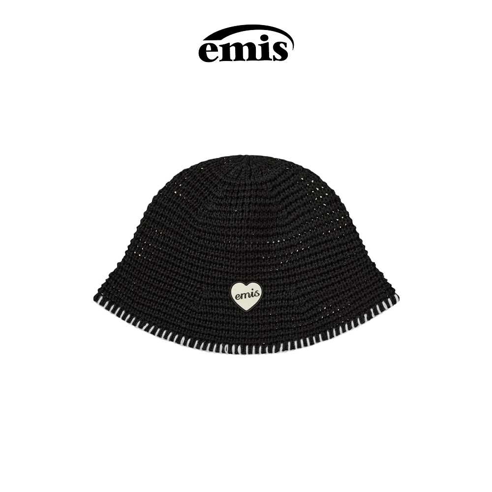 EMIS - HEART RUBBER PATCH KNIT BUCKET HAT (BLACK , PASTEL BLUE , WHITE)
