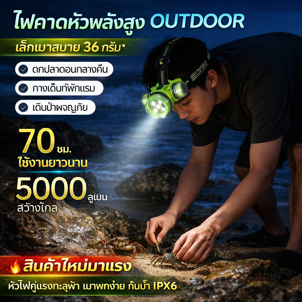 ไฟฉายคาดศีรษะ LED กันน้ำ กันน้ำได้ลึกถึง 30 เมตร สินค้าแท้ ชาร์จไฟได้ ความสว่างสูง เหมาะสำหรับการดำน้ำและจับกบ