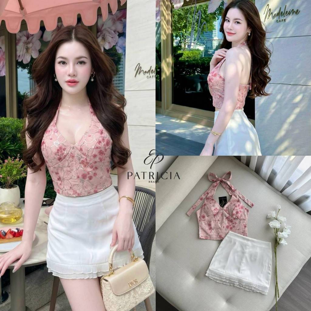 PATRICIA​ BRAND PTC010 ชุดเซต 2 ชิ้น เสื้อครอปสายผูกคล้องคอ แมทช์ กระโปรงทรงเอ