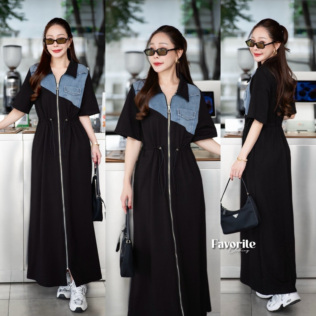 🌈🌿🌸🌼🌺🖤🩶💙🇰🇷 Jeans Slant Patch Cotton Zip Maxi Dress Shirt