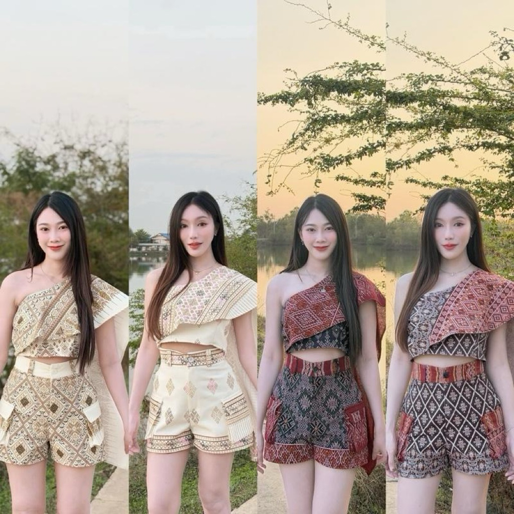 TANTANOD-รหัสTL17 ชุดเซตผ้าไทย เสื้อสไบลายไทย กางเกงคาร์โก้ขาสั้น (ผ้าฝ้ายพิมพ์ลาย)