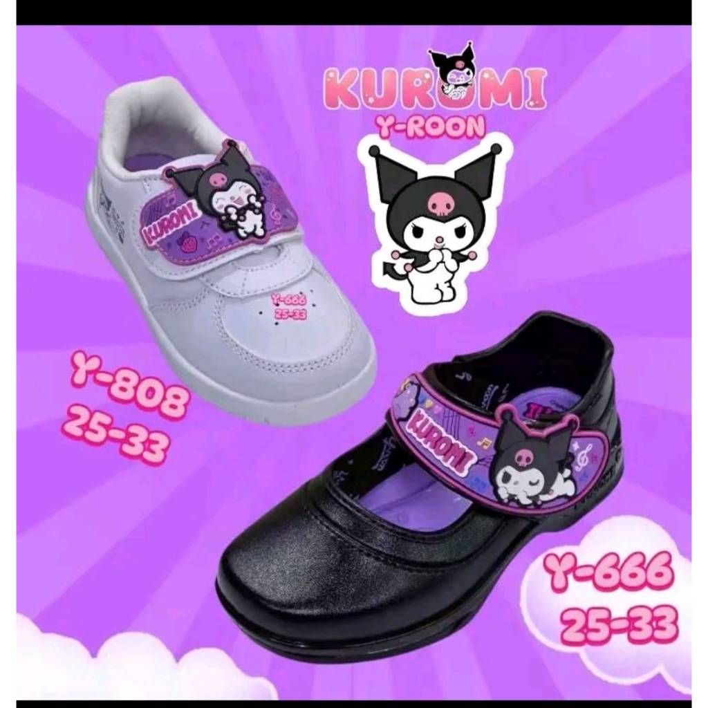 Y-ROON รองเท้านักเรียนอนุบาล หนังดำ พละสีขาว รุ่น Y666/Y808 ลายคุโรมิ สุดcute