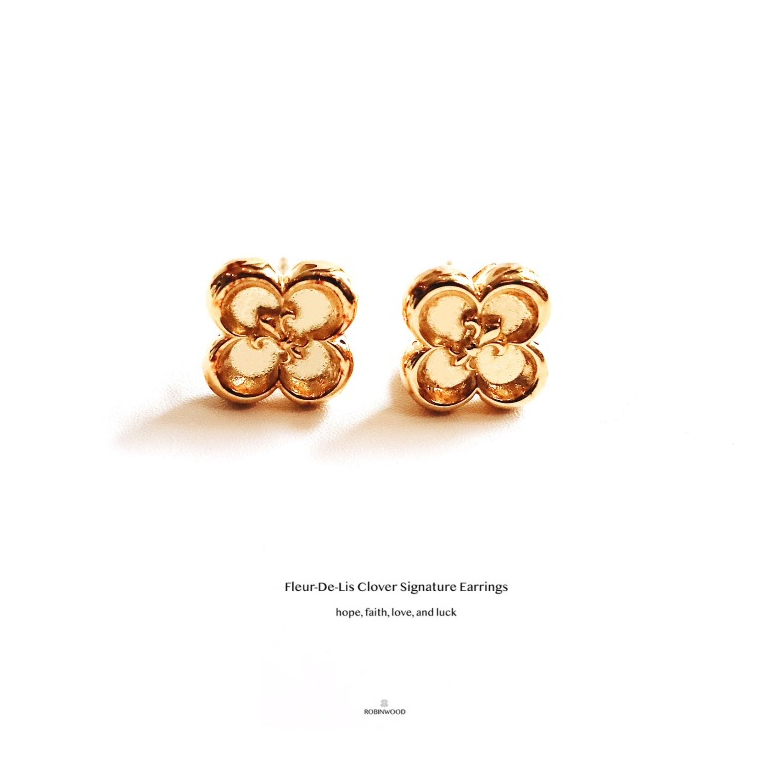 ต่างหูเงินเเท้โคลเวอร์ ความโชคดี ความรัก Limited Collection's " Fleur-De-Lis Clover Gold Signature Earrings, RobinWood