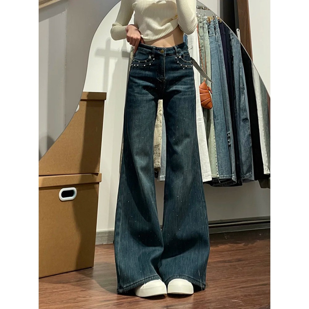 BoBo Jeans สินค้าพร้อมส่งกรุงเทพฯ กางเกงยีนส์เพชรรีดประดับลูกปัด ทรงขาเบลเอวสูงหลวมไม่ติดตัว