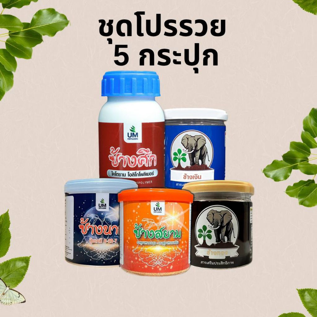 ชุดโปรรวยตระกูลช้าง 5 กระปุก มี ช้างศึก ช้างนาก ช้างทอง ช้างเงิน ช้างสยาม บำรุงครบจบทุกปัญหาพืช ใช้ได้กับพืชทุกชนิด