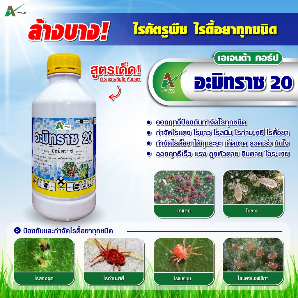 อะมิทราซ ฆ่าไรแดง ไรสนิม ไรขาว ไรแมงมุม กำจัดไร แมลงศัตรูพืช กำจัดไรทุกระยะ (ไข่-ตัวเต็มวัย) Amitraz ขนาด 1 ลิตร