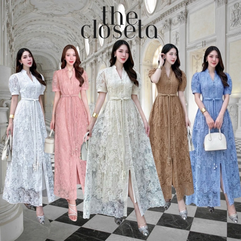THE CLOSETA : LB473 ชุดเดรสยาวลูกไม้ปักลายดอกไม้ แขนตุ๊กตา พร้อมเชือกถักผูกเอวน่ารักมาก