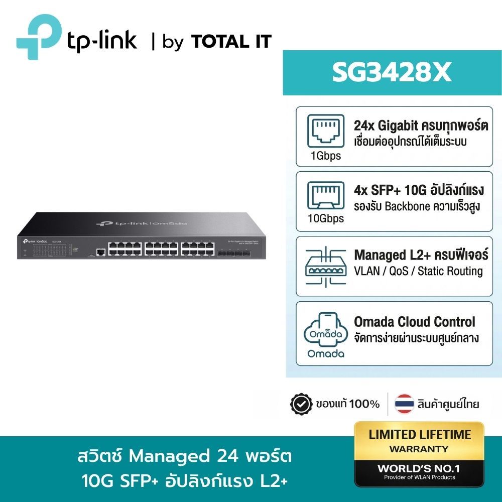 TP-Link SG3428X Omada Managed Switch สวิตช์ 24 พอร์ต Gigabit 4 SFP+ 10G L2+ ประกันศูนย์