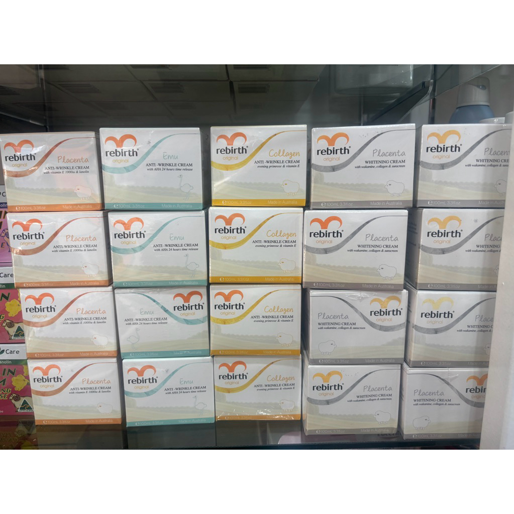 Rebirth จากประเทศออสเตรเลีย ซึ่งมีจำหน่ายหลายสูตร เช่น สูตร Placenta (รกแกะ), Emu, และ Collagen