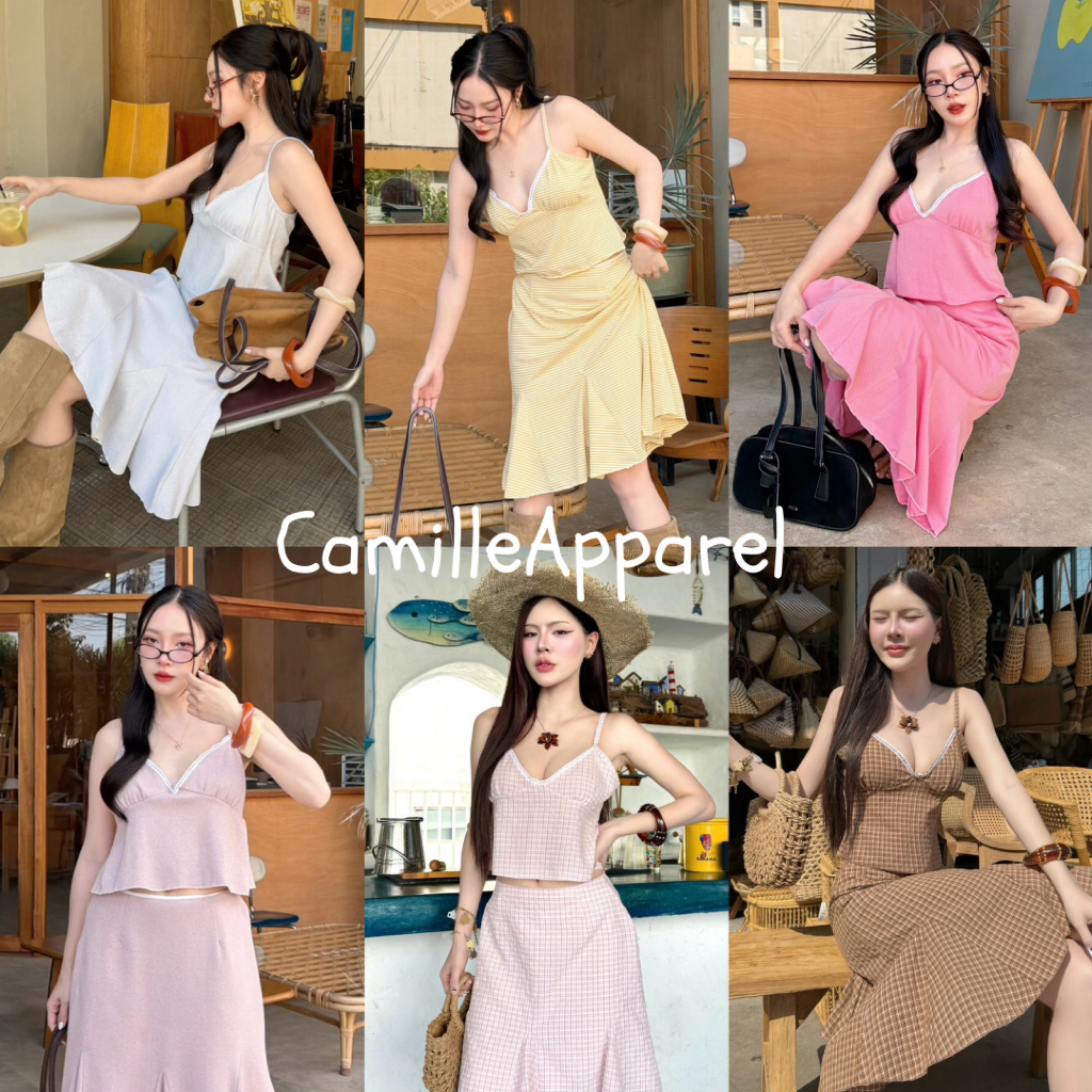 Camilleชุดเซต 2 ชิ้น สายเดี่ยวผูกหลัง+กระโปรงซิปมีซับในทั้งตัว งานฟรีไซส์