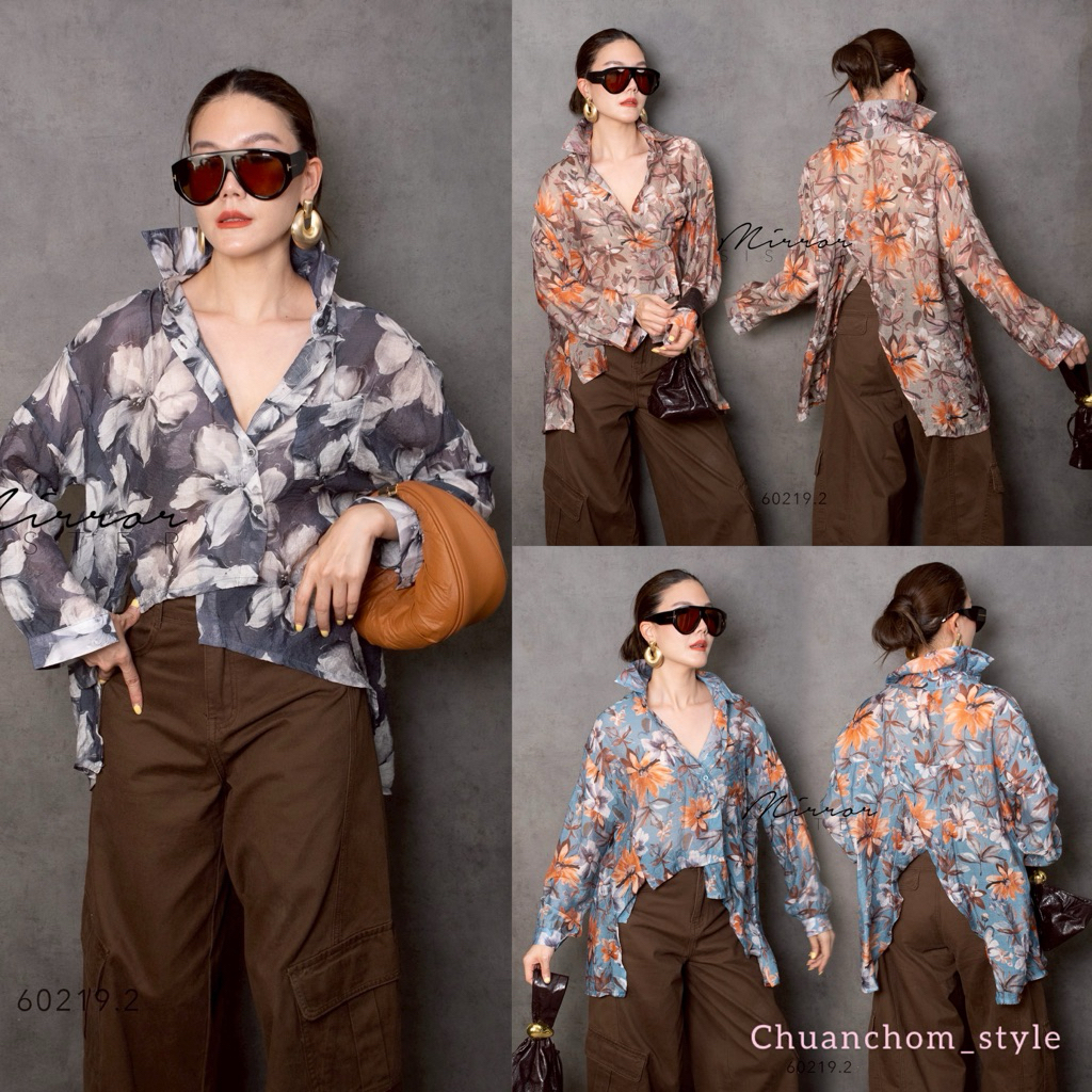 🔖Mirrorsister 60219.2 เสื้อเชิ้ตลายดอกไม้ เนื้อผ้ามีความละมุนพริ้วซีทรูนิดๆกระดุมเฉียงชาย2ด้านไม่เท่ากัน ด้านหลังผ่า