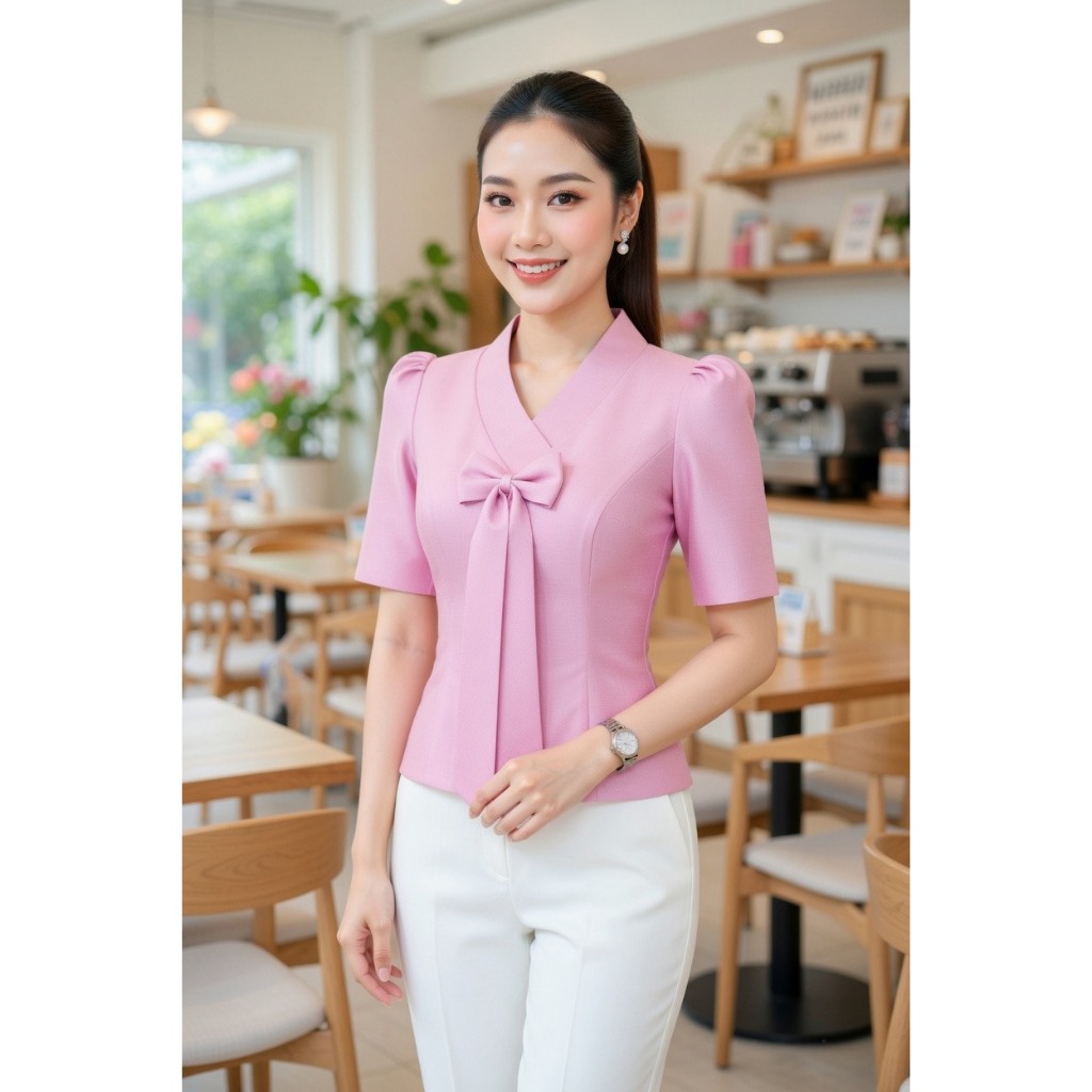รหัส ม.14 เสื้อไหมสี่เส้นสั่งตัดเกรดพรีเมียมทรงคอวีแต่งไทด์โบว์แขน3ส่วน6สี เรียบหรูดูแพง ไซส์32-44