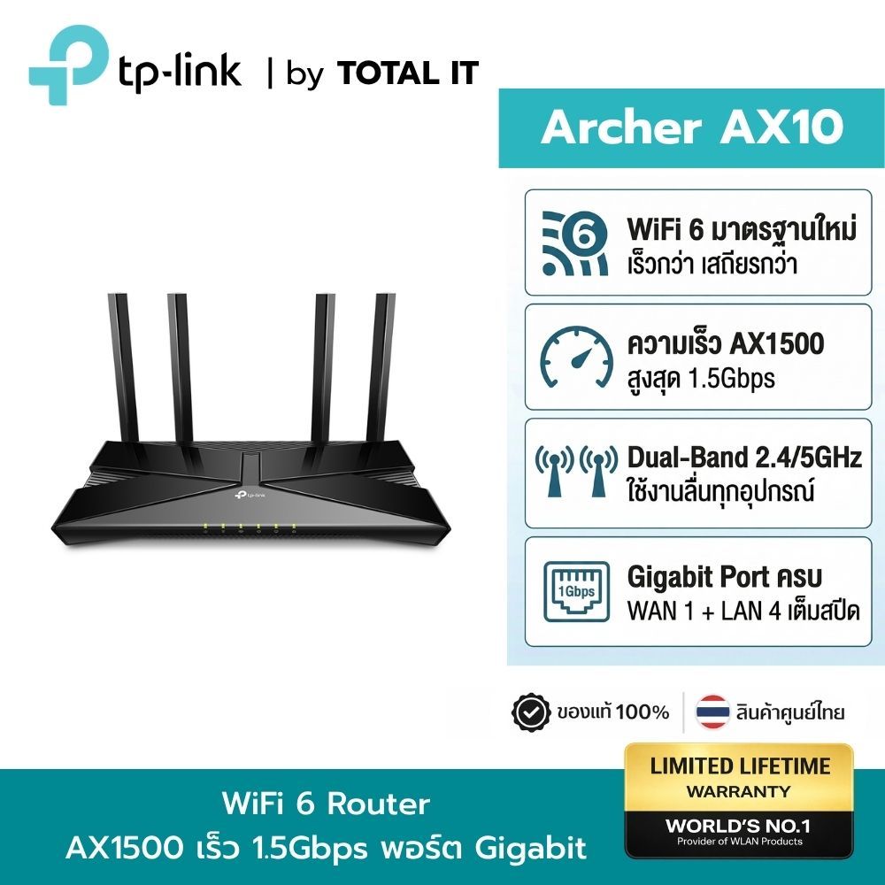 TP-Link Archer AX10 WiFi 6 Router AX1500 เราเตอร์ 4 เสา พอร์ต Gigabit สุดคุ้ม ประกันศูนย์