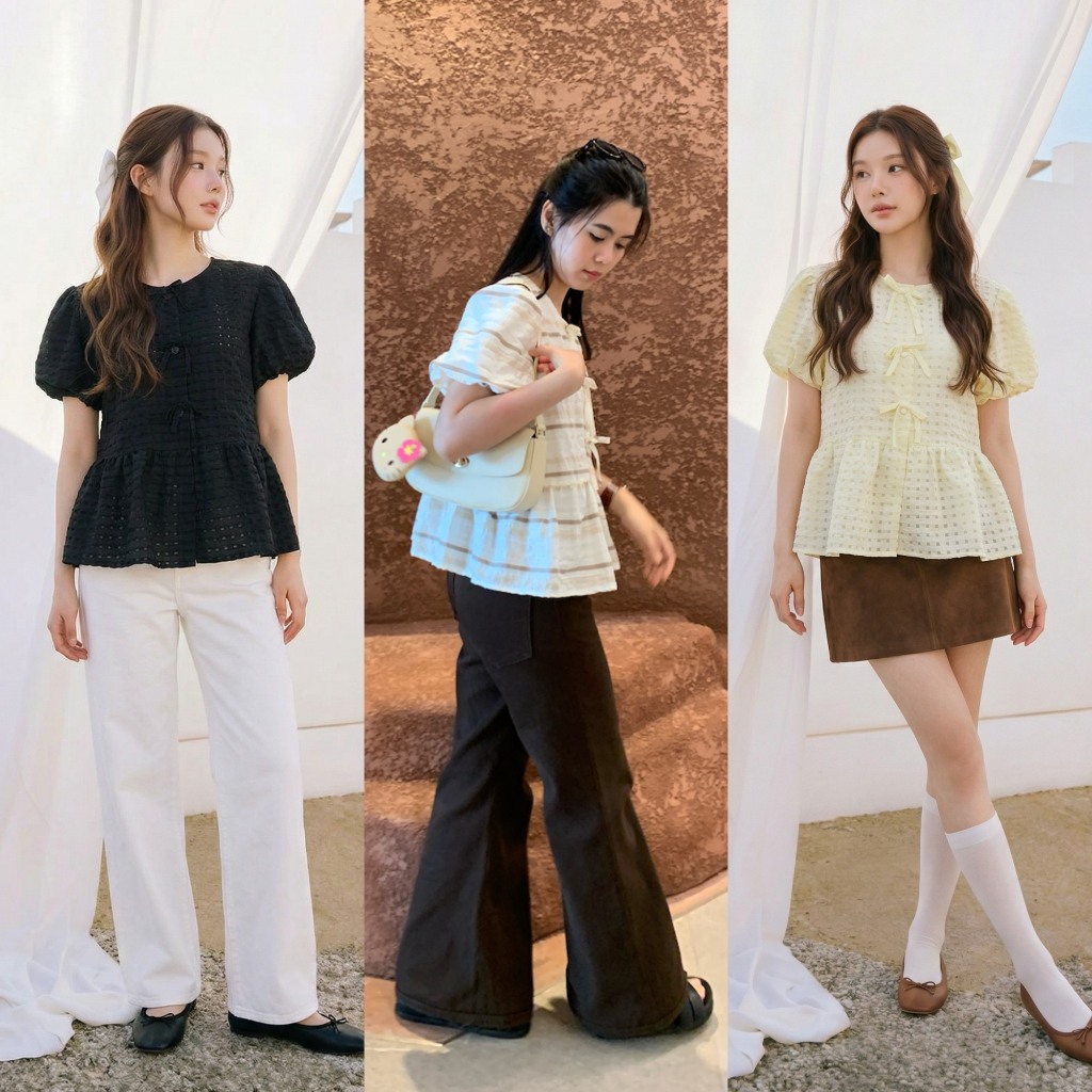 BIRUCHU TINY RIBBON PUFF BLOUSE : เสื้อผู้หญิงแขนพอง ดีเทลโบว์ด้านหน้า (เหลือง ดำ น้ำตาล)