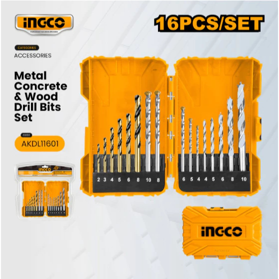 INGCO AKDL11601 ชุดดอกสว่านผสม 16 ชิ้น อเนกประสงค์สำหรับเจาะเหล็ก ปูน ไม้