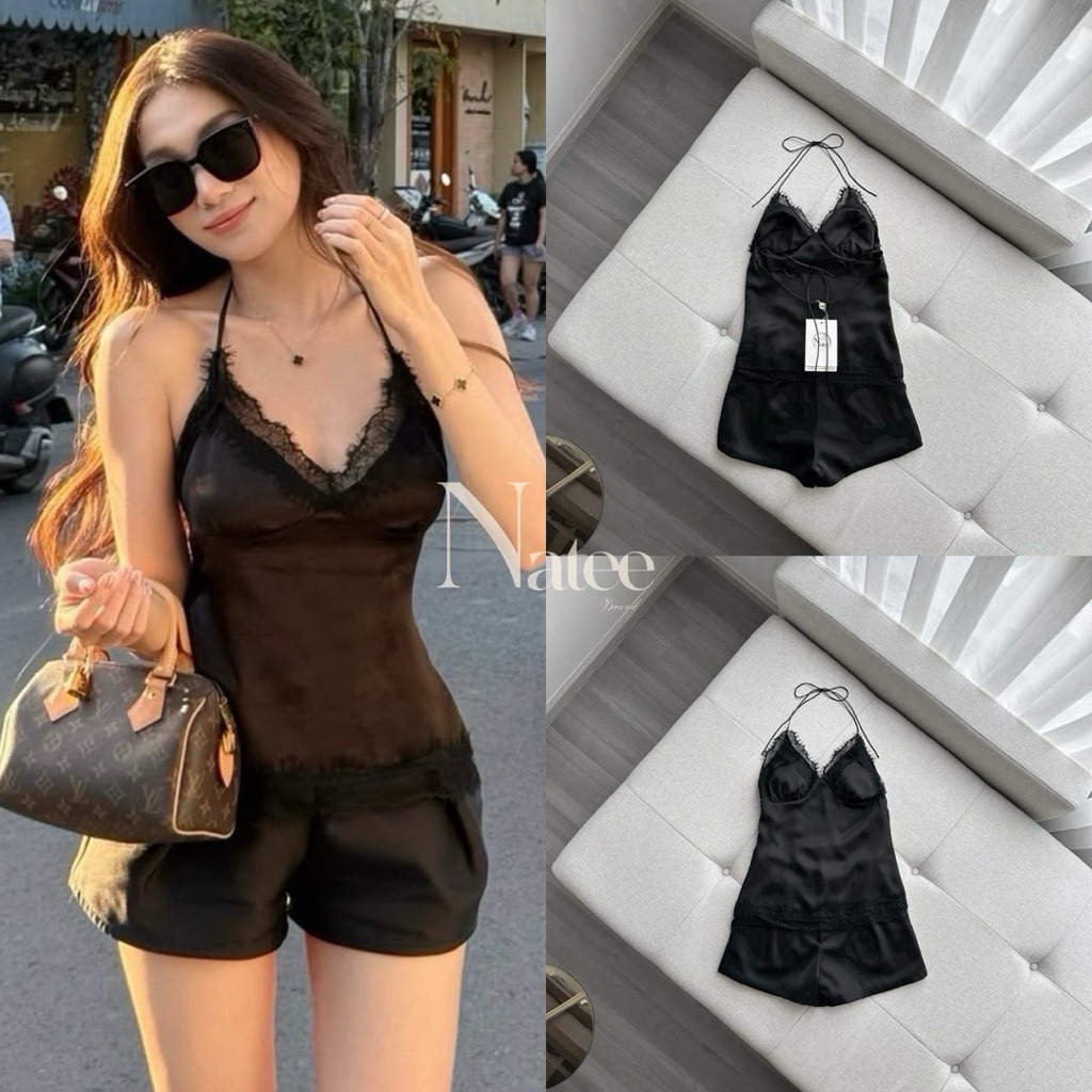 Natee_Brand  เซ็ต 2 ชิ้นโทนดำ ดีไซน์สายเดี่ยวผูกคอ เนื้อผ้าซาตินเนียนลื่น ใส่สบาย
