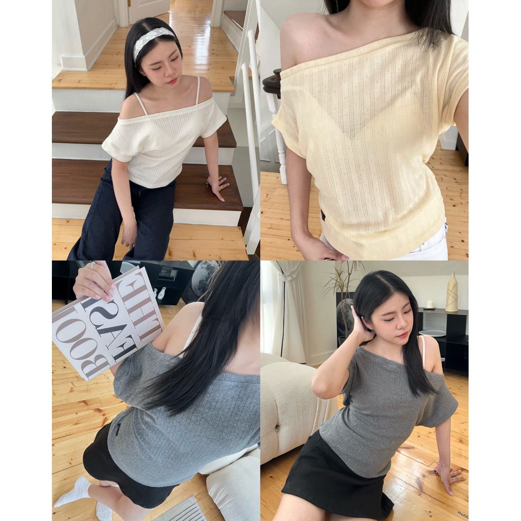 (เติมทุกสี🥞🐰)HASU57 emma top เสื้อปาดไหล่แขนเลย เข้ารูปผูกเอว (happysummer.bkk)