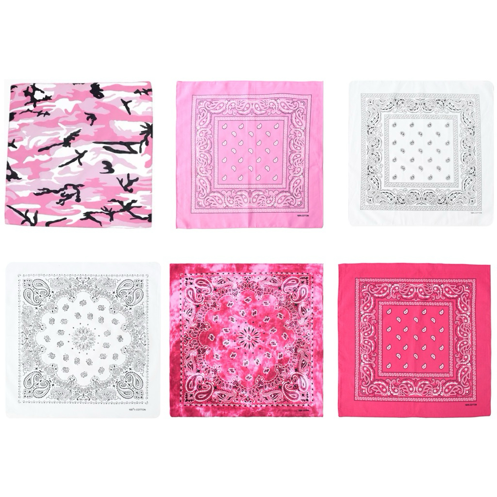 ผ้าพันคอ Bandana ผ้าฝ้าย 100% สีชมพู ลายเพสลีย์ 55×55 ซม. สตรีท ฮิปฮอป