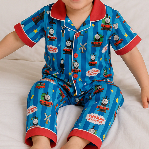 ชุดนอนเด็กผ้าไหมอิตาลี ชาย หญิง แขนสั้นขายาวงานพรีเมี่ยม สีสดใส ลายน่ารัก คอปกกระดุมหน้า ไซส์ M-3XL