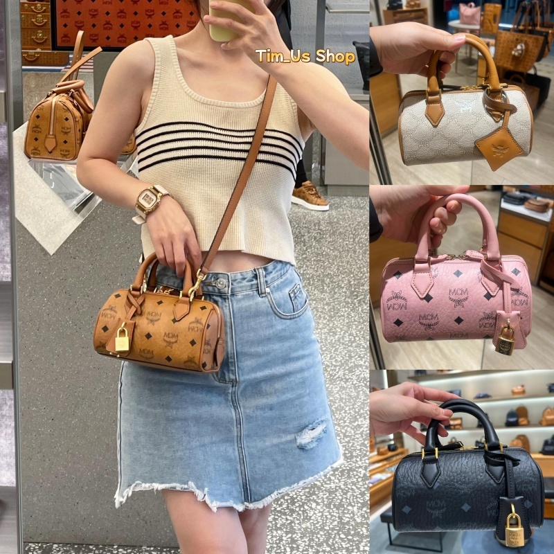 ของแท้ 100%👜MCM Ella NEW Boston Tote Bag กระเป๋าสะพายข้างหนังวัว การปิดด้วยซิป พร้อมกล่องของขวัญ