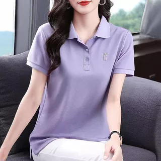 เสื้อยืดแขนสั้นผู้หญิง คอปกโปโล สไตล์ใหม่สำหรับฤดูร้อน ลำลอง ช่วยให้ดูผอมเพรียว เรียบง่าย ทันสมัย ​​และใช้งานได้หลากหลาย