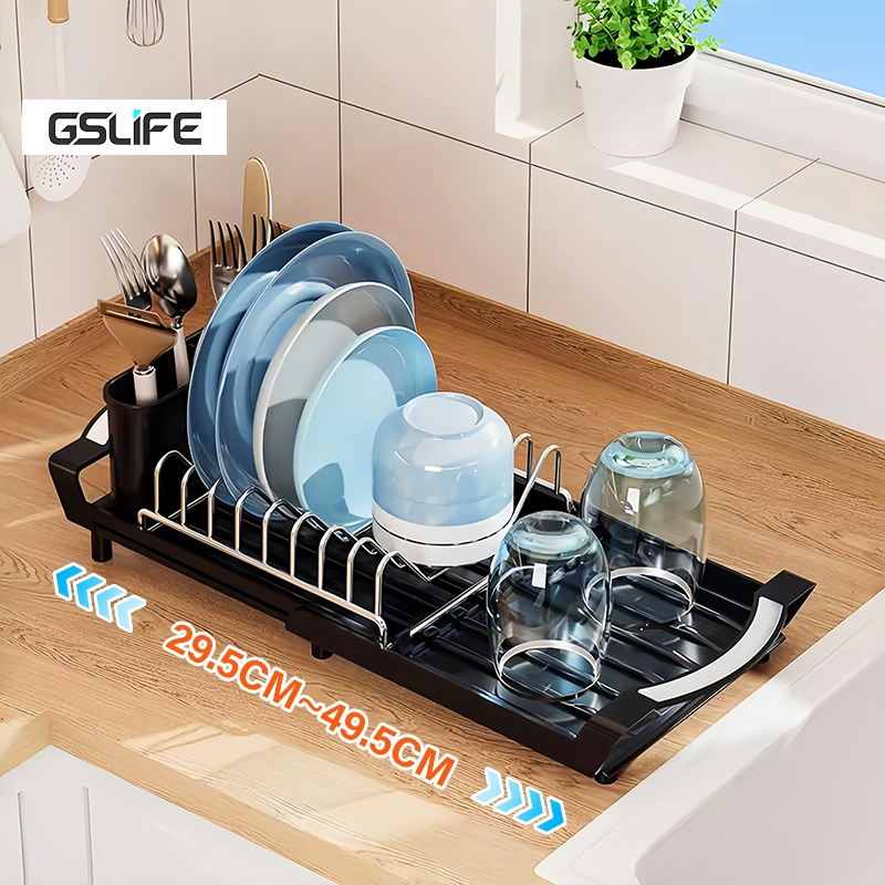 GSlife ที่วางจานแบบขยายได้ ปรับได้ พับได้ ประหยัดพื้นที่จัดเก็บในครัว ที่วางจานสำหรับตากแห้ง อุปกรณ์จัดระเบียบ