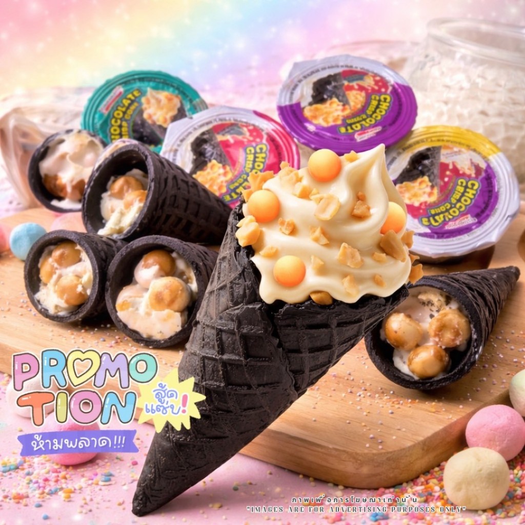 ใหม่ ไวท์ช็อกโกแลตโคนชาร์โคลกรุบกรอบ ขนมทานเล่น  1ถ้วยมี 4 เทคเจอร์  อร่อยครบจบในโคนเดียวเลือก