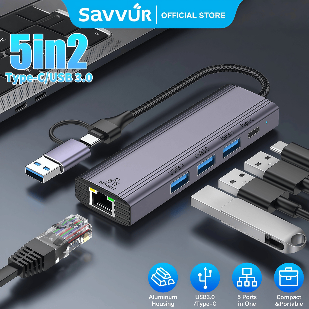Savvur 5 in 1 USB C Hub 4K HDMI USB HUB 100W Multiport Adapter สำหรับ MacBook Pro/Air iPad Pro iMac 